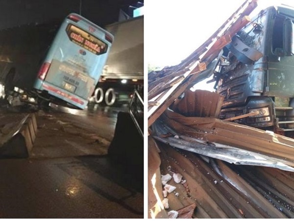 Tài xế buồn ngủ khiến xe tải tông sập nhà dân, xe khách leo dải phân cách