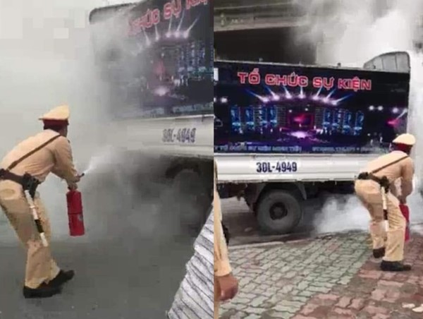 Hà Nội: Xe tải bất ngờ bốc cháy, CSGT kịp thời giúp tài xế khống chế