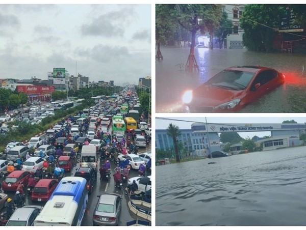 Tắc đường kinh hoàng, ô tô vất vả "bơi" trên đường sau trận mưa lớn