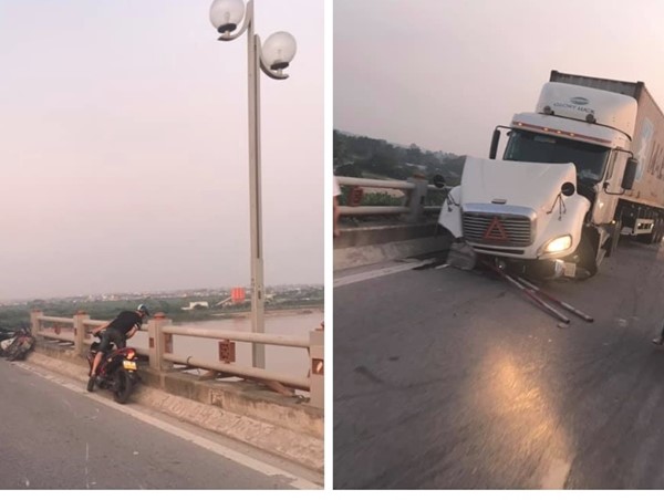 Xe container húc văng nhiều xe máy trên cầu Thanh Trì, ít nhất 1 nạn nhân rơi xuống sông