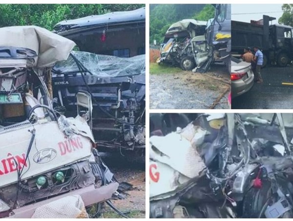 Xe khách bẹp nát sau va chạm với xe tải, 6 người bị thương