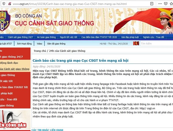 Cảnh báo các trang giả mạo Cục Cảnh sát giao thông trên mạng xã hội