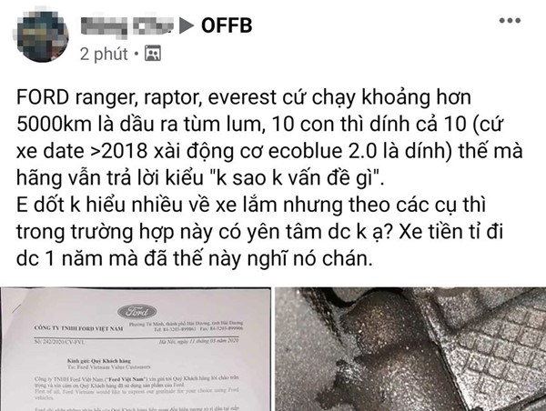 Khách hàng "hoàn toàn không hài lòng" sau phản hồi của Ford về sự cố động cơ rò rỉ dầu