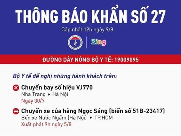 Bộ Y tế thông báo khẩn tìm người trên chuyến bay, xe khách có ca Covid-19