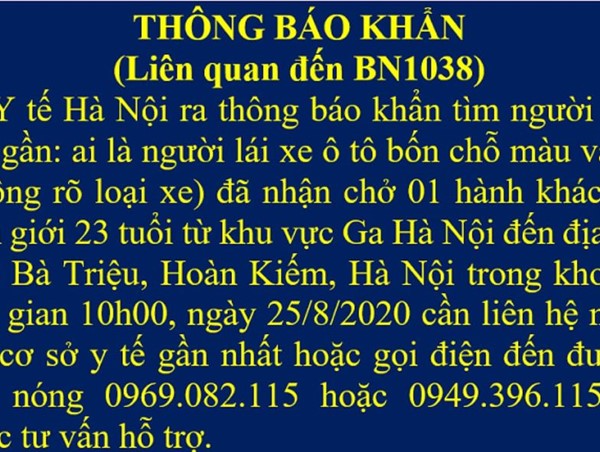 Hà Nội: Thông báo khẩn tìm người lái ô tô chở bệnh nhân Covid-19 về quận Hoàn Kiếm