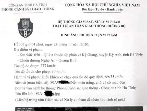 Thực hư việc ô tô vi phạm tốc độ 277 km/h ở Hà Tĩnh