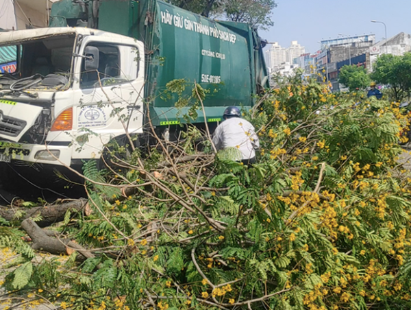 Xe chở rác mất lái tông bật gốc cây xanh ven đường