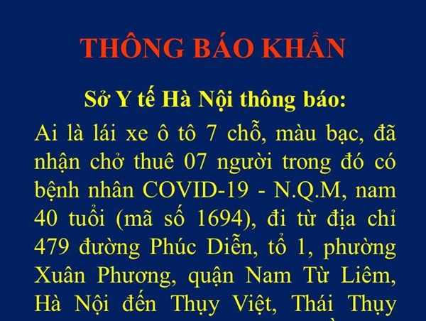 Sở Y tế Hà Nội phát thông báo khẩn truy tìm người lái xe 7 chỗ chở bệnh nhân Covid-19