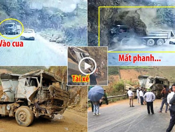 [Clip] Xe ben chở cát, mất phanh tông kinh hoàng vào vách núi