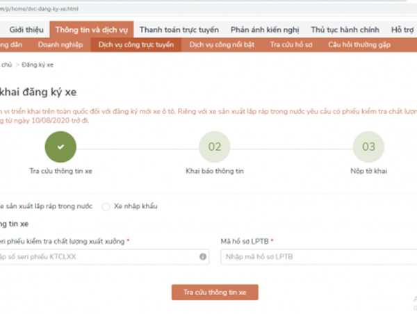 Trình tự khai tờ khai đăng ký xe trên Cổng dịch vụ công Quốc gia