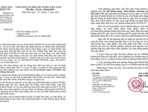Đắk Lắk: Tạm dừng vận chuyển khách về các tỉnh, thành có dịch từ 0 giờ ngày 31/5