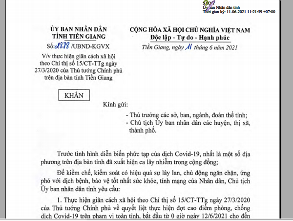 Tiền Giang giãn cách xã hội toàn tỉnh theo Chỉ thị 15 từ 0 giờ ngày 12/6