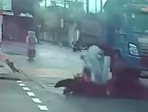 Chó thả rông gây tai nạn, tài xế xe máy nằm sát bánh xe ben