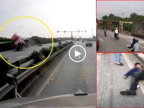 Tránh xe máy sang đường ẩu, xe container lật trên Quốc lộ 5