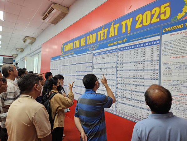 Hành khách tới ga Sài Gòn sớm, xếp hàng mua vé tàu Tết 2025 trong ngày đầu tiên mở bán