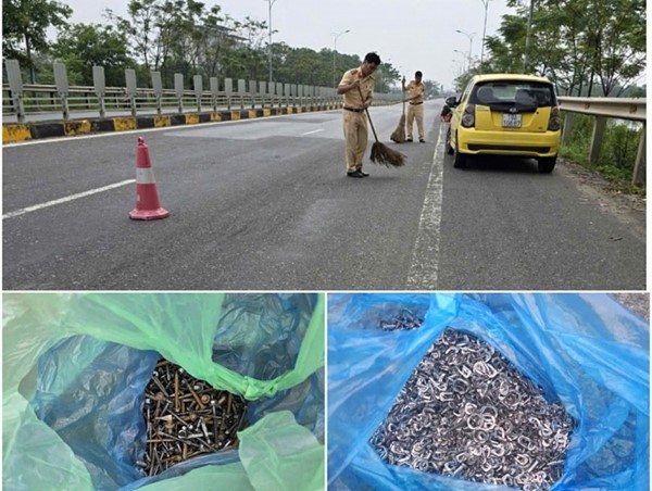 Số lượng lớn đinh vít, mảnh sắt trên đường tránh Quốc lộ 2 được thu dọn