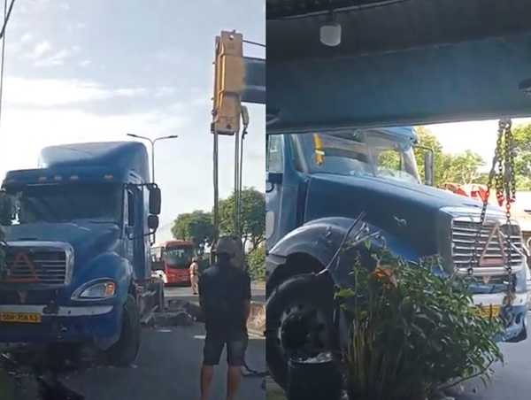 Xe container mất lái lao vào nhà dân bên đường