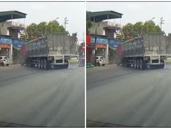 [Clip] Tránh xe con qua đường tài xế xe đầu kéo đánh hết lái tránh né