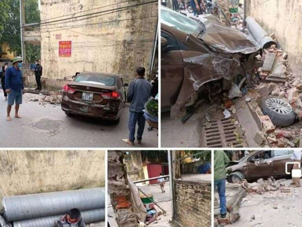 Ô tô đâm 2 vợ chồng đi xe máy trọng thương, tông sập tường nhà dân