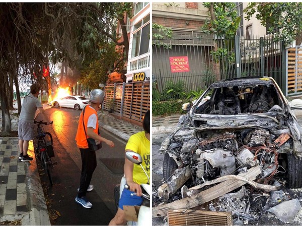 Hà Nội: Ô tô Mercedes bốc cháy ven hồ Tây