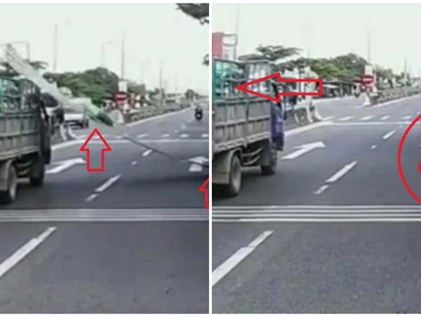 [Clip]: Tấm tôn lao khỏi thùng xe tải xuống đường như máy chém 