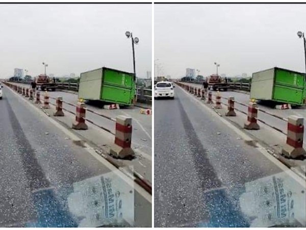 [Clip]: Xe tải đâm đổ hàng chục mét dải phân cách rồi lật nghiêng trên cầu Thanh Trì 