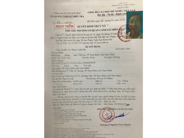 Công an huyện Mỹ Đức truy nã đối tượng trộm cắp tài sản