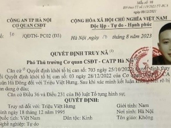 Công an thành phố Hà Nội truy nã đối tượng Giết người