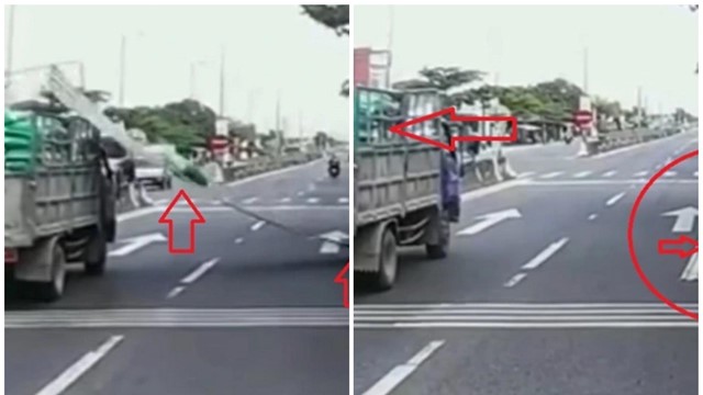 [Clip]: Tấm tôn lao khỏi thùng xe tải xuống đường như máy chém 