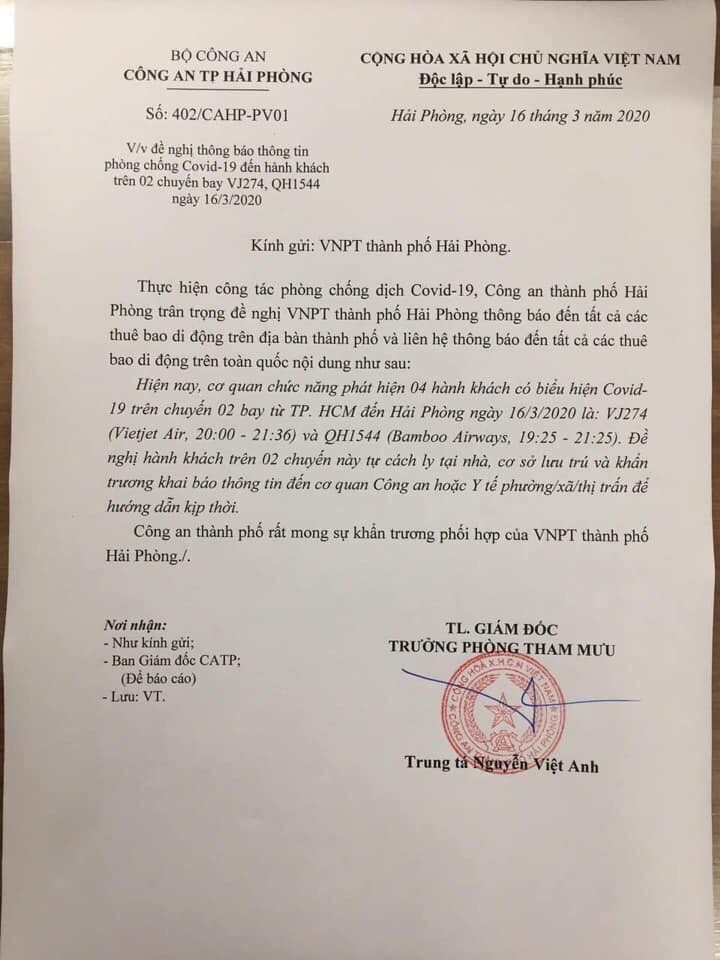 Cong an Hai Phong khuyen cao hanh khach tren chuyen bay co benh nhan bieu hien mac Covid-19 - Hinh anh 1