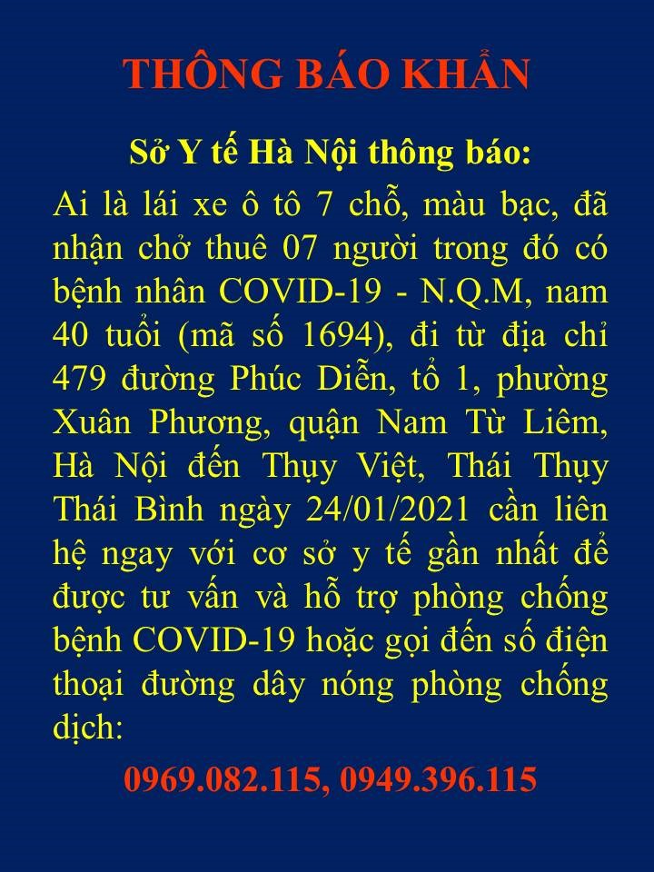 So Y te Ha Noi phat thong bao khan truy tim nguoi lai xe 7 cho cho benh nhan Covid-19 - Hinh anh 1