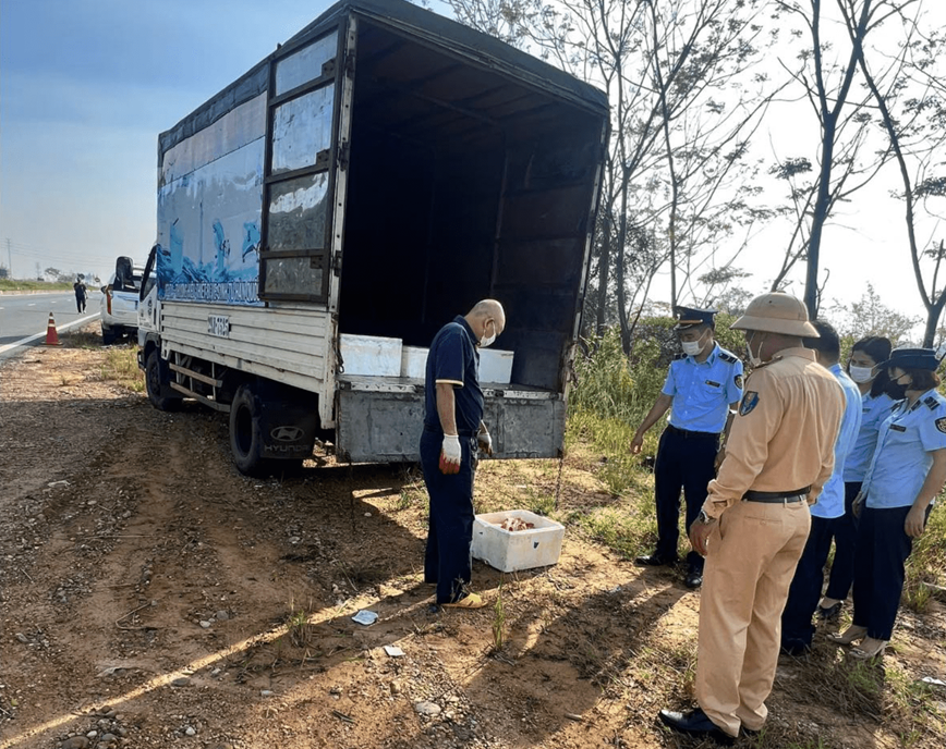 Bat giu xe tai cho noi tang dong vat boc mui tren duong di Ha Noi tieu thu - Hinh anh 1