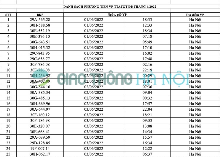 Ha Noi: Danh sach o to bi phat nguoi thang 6/2022 - Hinh anh 1