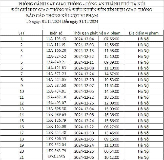 Cong an Ha Noi cong bo danh sach phuong tien bi phat nguoi thang 12/2024 - Hinh anh 1